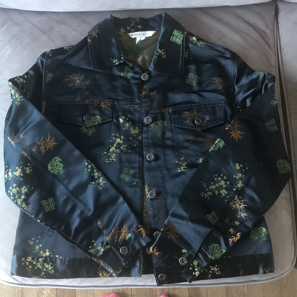 Asian print jean jacket style, 50% silk, 50% rayon